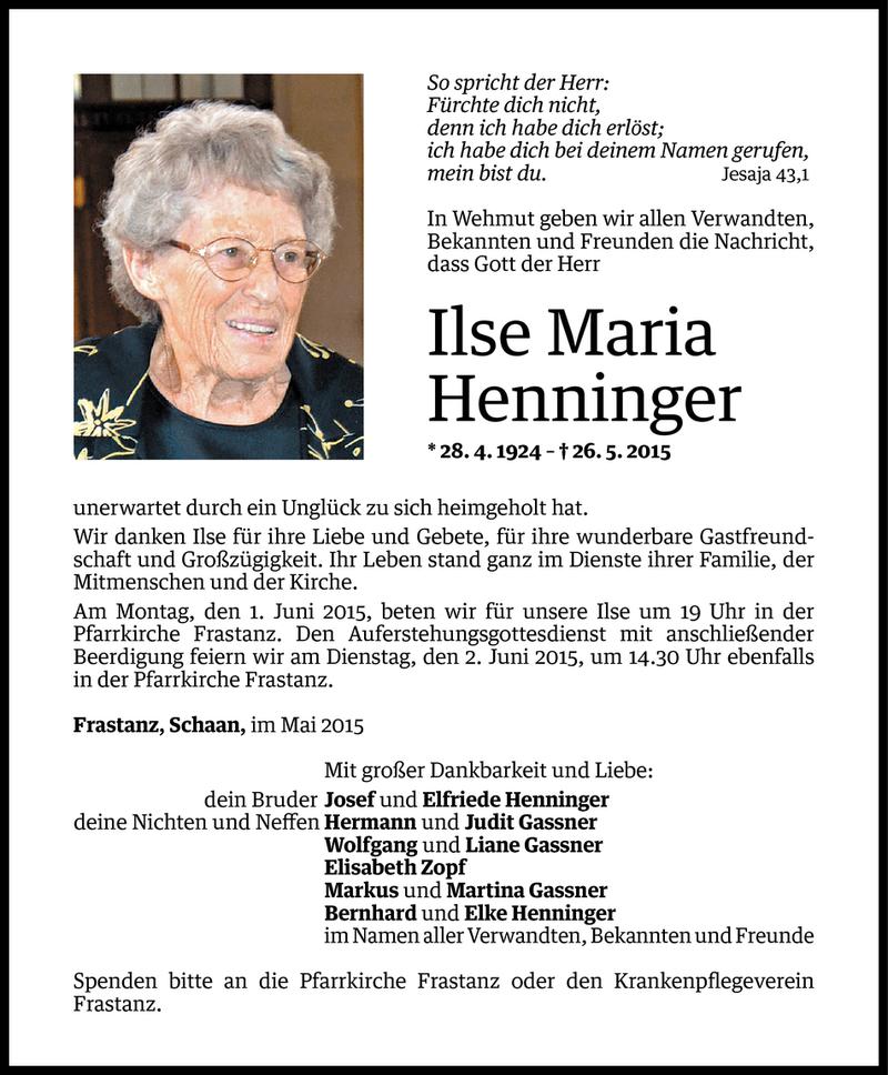  Todesanzeige für Ilse Maria Henninger vom 29.05.2015 aus Vorarlberger Nachrichten