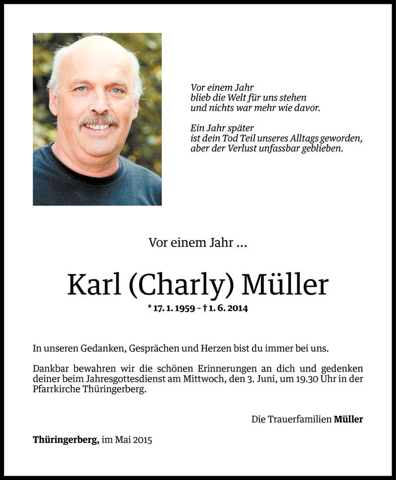  Todesanzeige für Karl Müller vom 29.05.2015 aus Vorarlberger Nachrichten