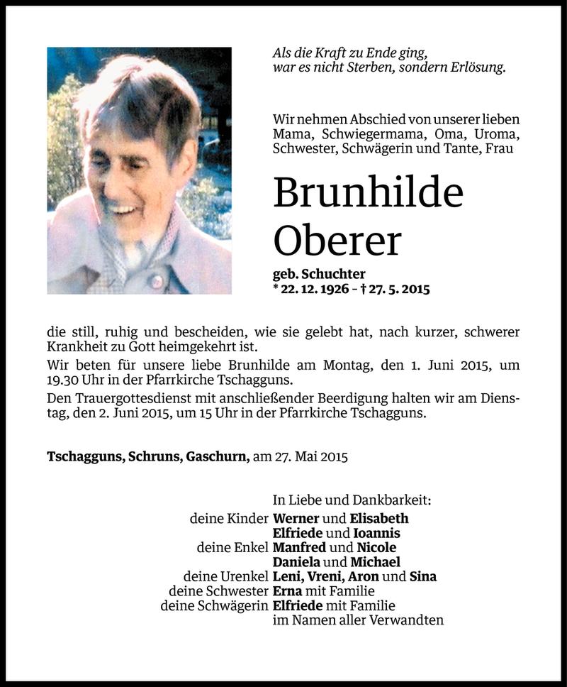  Todesanzeige für Brunhilde Oberer vom 29.05.2015 aus Vorarlberger Nachrichten