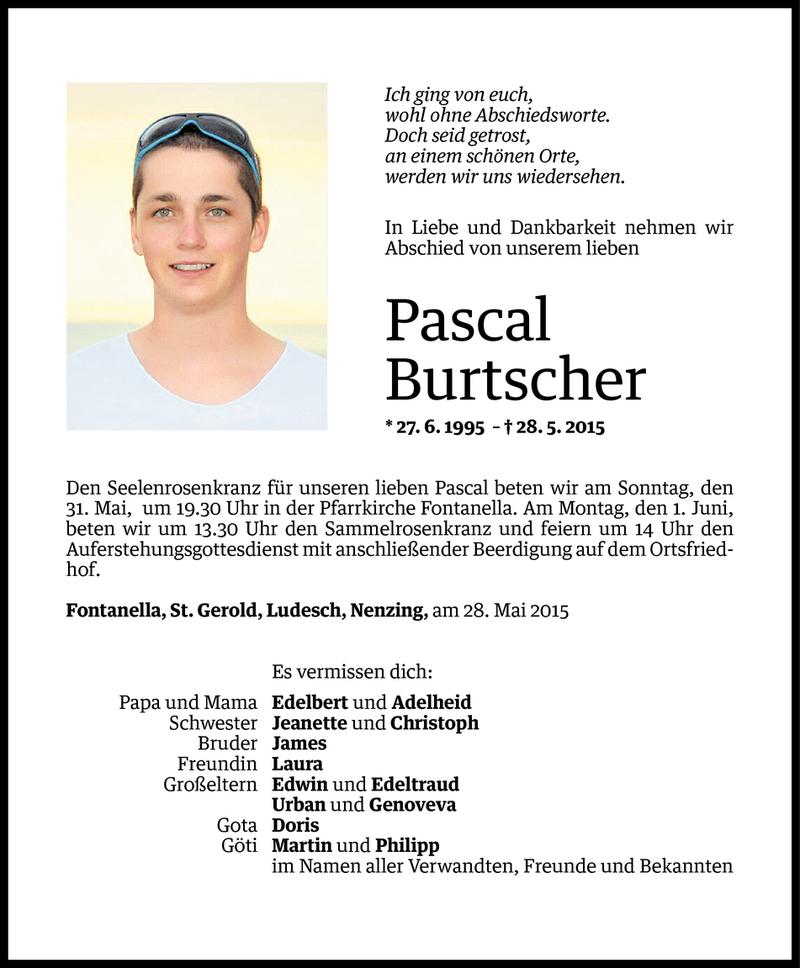  Todesanzeige für Pascal Burtscher vom 29.05.2015 aus Vorarlberger Nachrichten