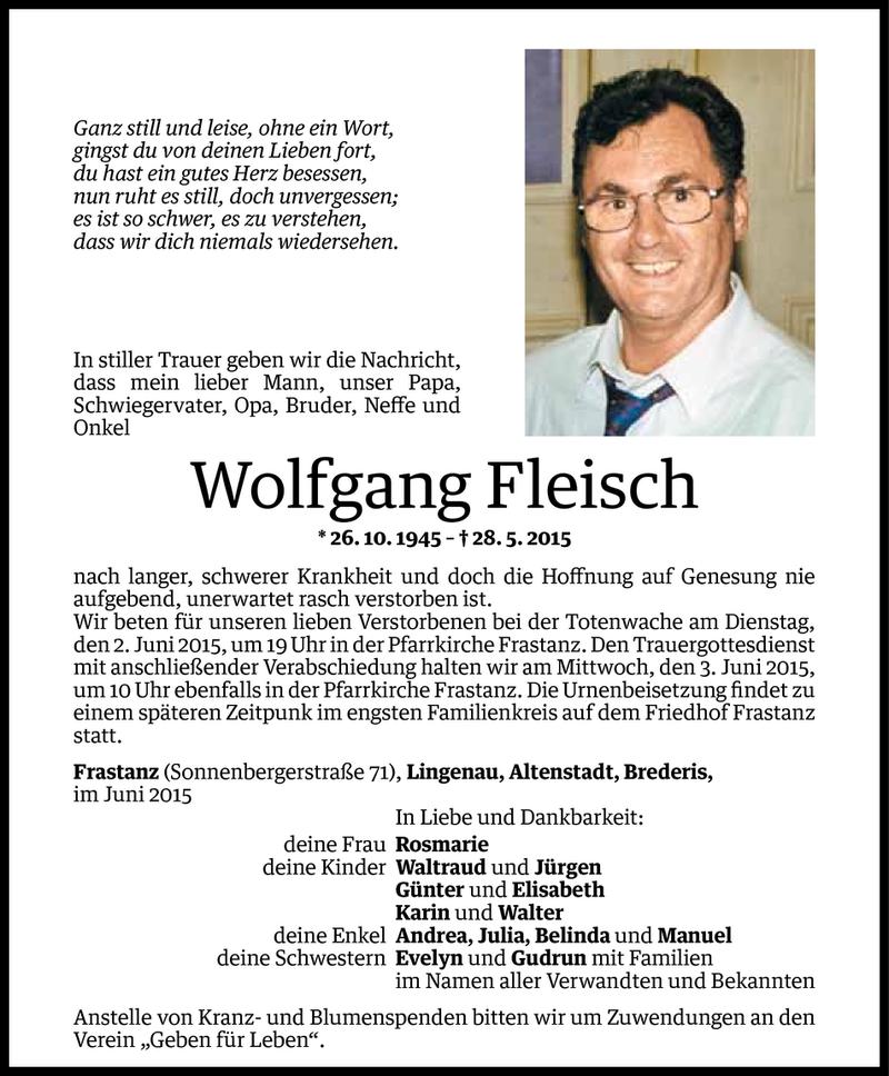  Todesanzeige für Wolfgang Fleisch vom 31.05.2015 aus Vorarlberger Nachrichten