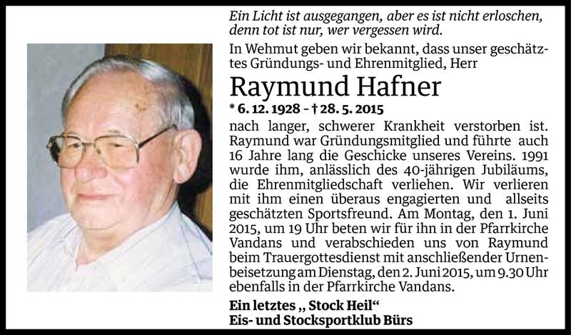  Todesanzeige für Raymund Hafner vom 31.05.2015 aus Vorarlberger Nachrichten