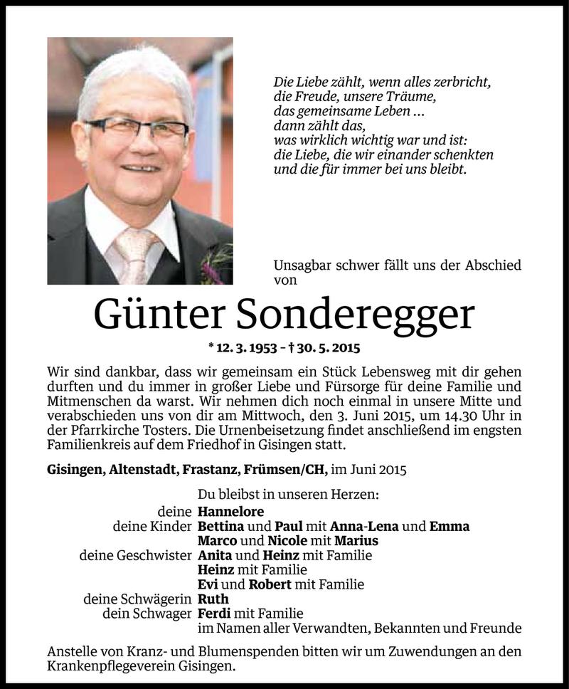  Todesanzeige für Günter Sonderegger vom 31.05.2015 aus Vorarlberger Nachrichten