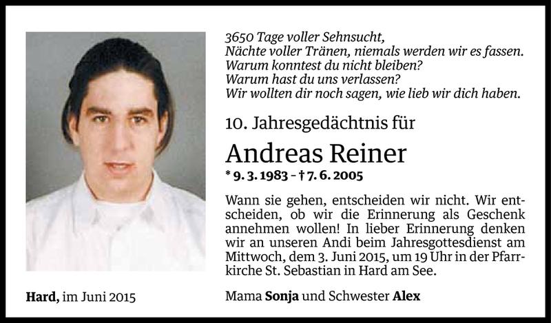  Todesanzeige für Andreas Reiner vom 31.05.2015 aus Vorarlberger Nachrichten