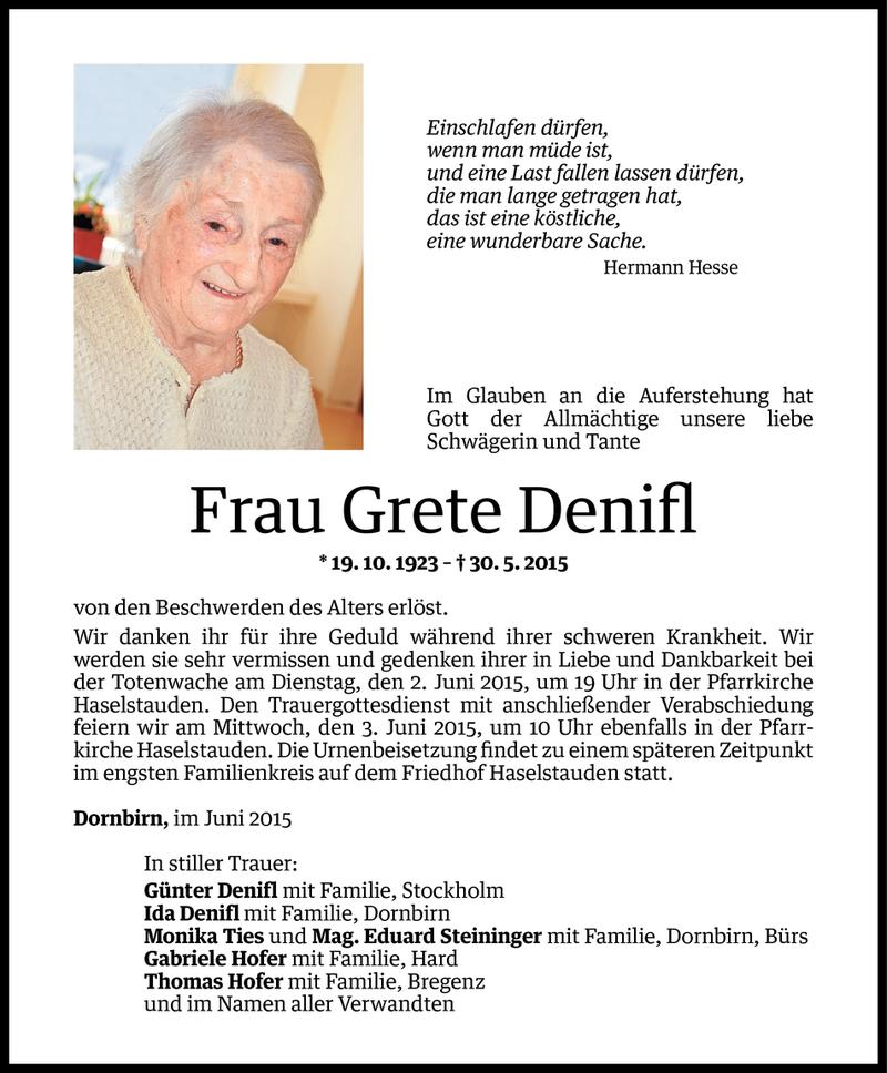  Todesanzeige für Grete Denifl vom 31.05.2015 aus Vorarlberger Nachrichten