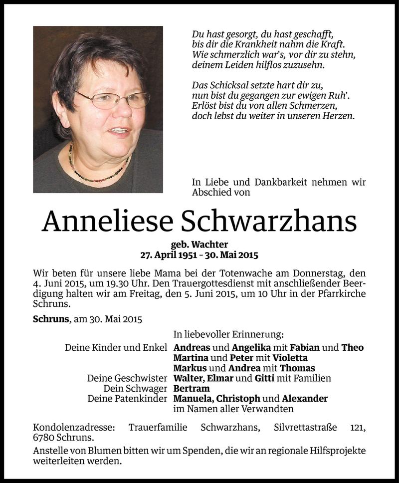  Todesanzeige für Anneliese Schwarzhans vom 31.05.2015 aus Vorarlberger Nachrichten