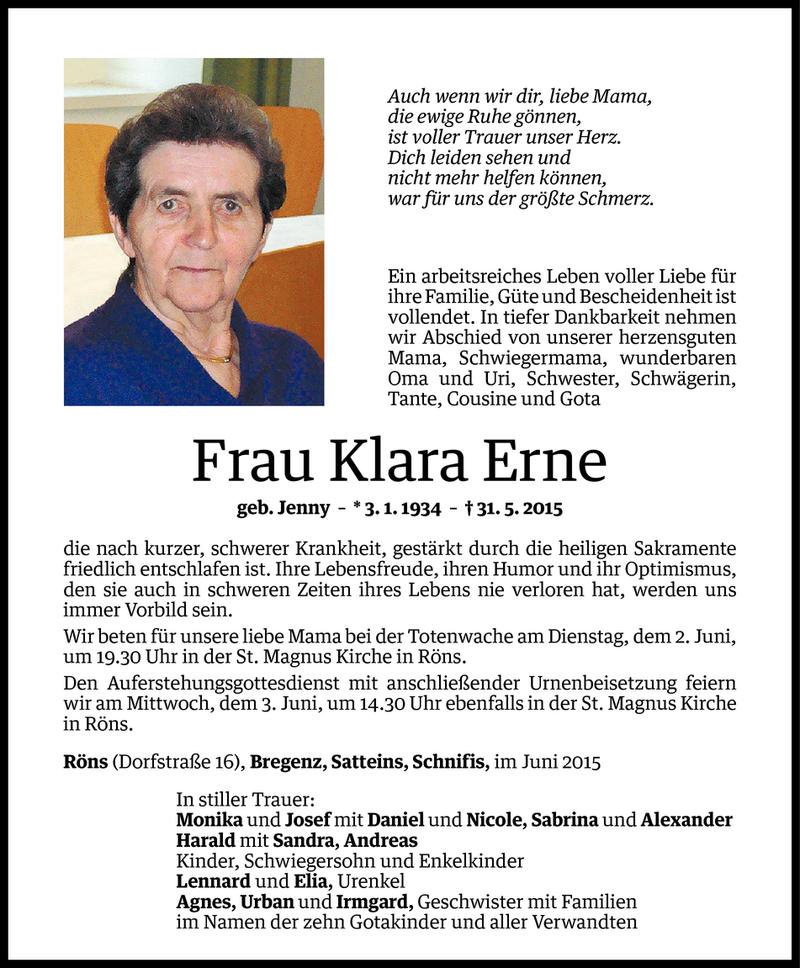  Todesanzeige für Klara Erne vom 02.06.2015 aus Vorarlberger Nachrichten
