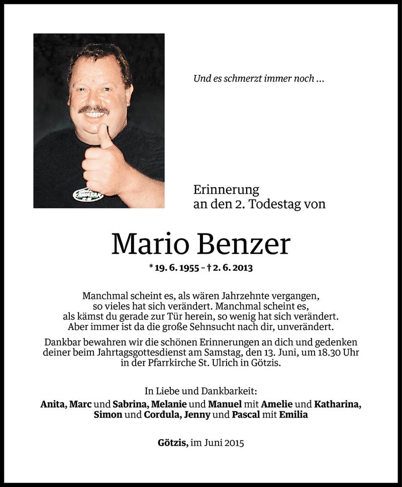  Todesanzeige für Mario Benzer vom 01.06.2015 aus Vorarlberger Nachrichten