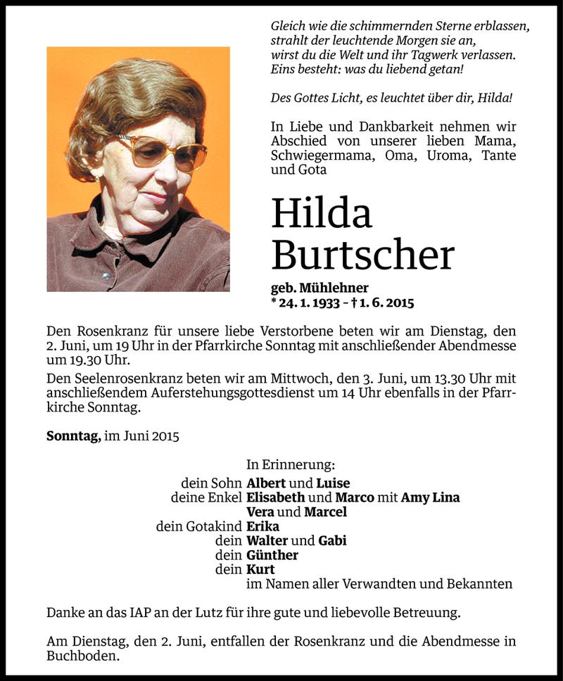  Todesanzeige für Hilda Burtscher vom 01.06.2015 aus Vorarlberger Nachrichten