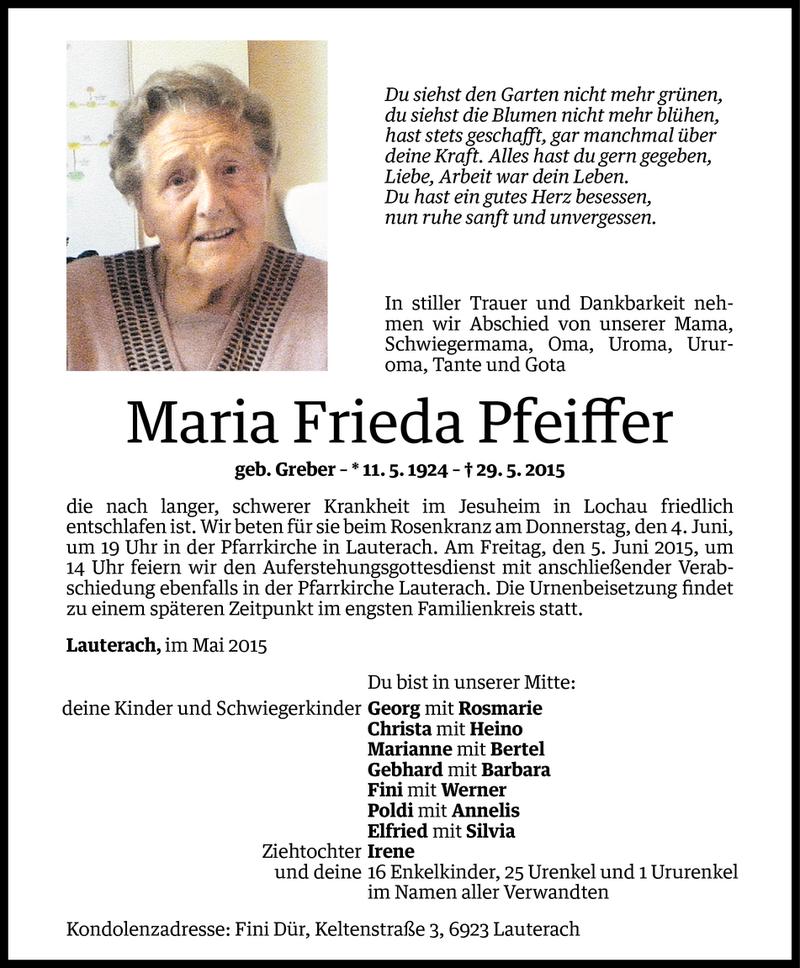  Todesanzeige für Maria Frieda Pfeiffer vom 01.06.2015 aus Vorarlberger Nachrichten