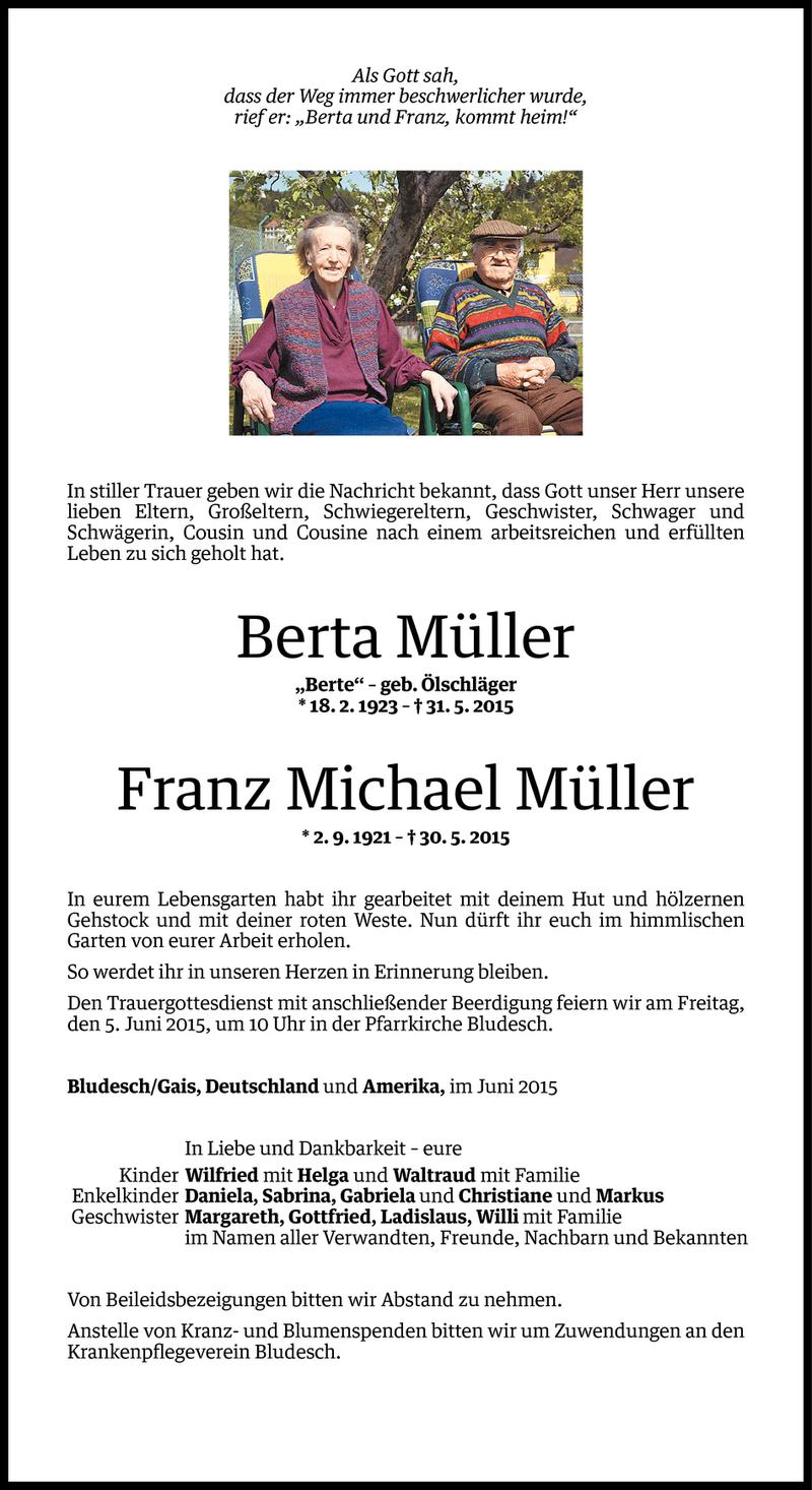  Todesanzeige für Berta und Franz Michael Müller vom 03.06.2015 aus Vorarlberger Nachrichten