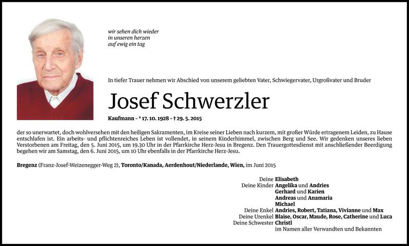  Todesanzeige für Josef Schwerzler vom 02.06.2015 aus Vorarlberger Nachrichten