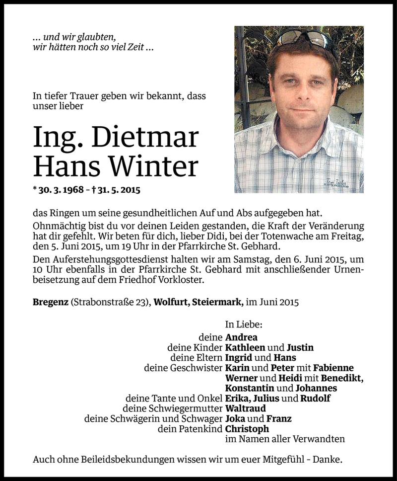  Todesanzeige für Dietmar Hans Winter vom 02.06.2015 aus Vorarlberger Nachrichten