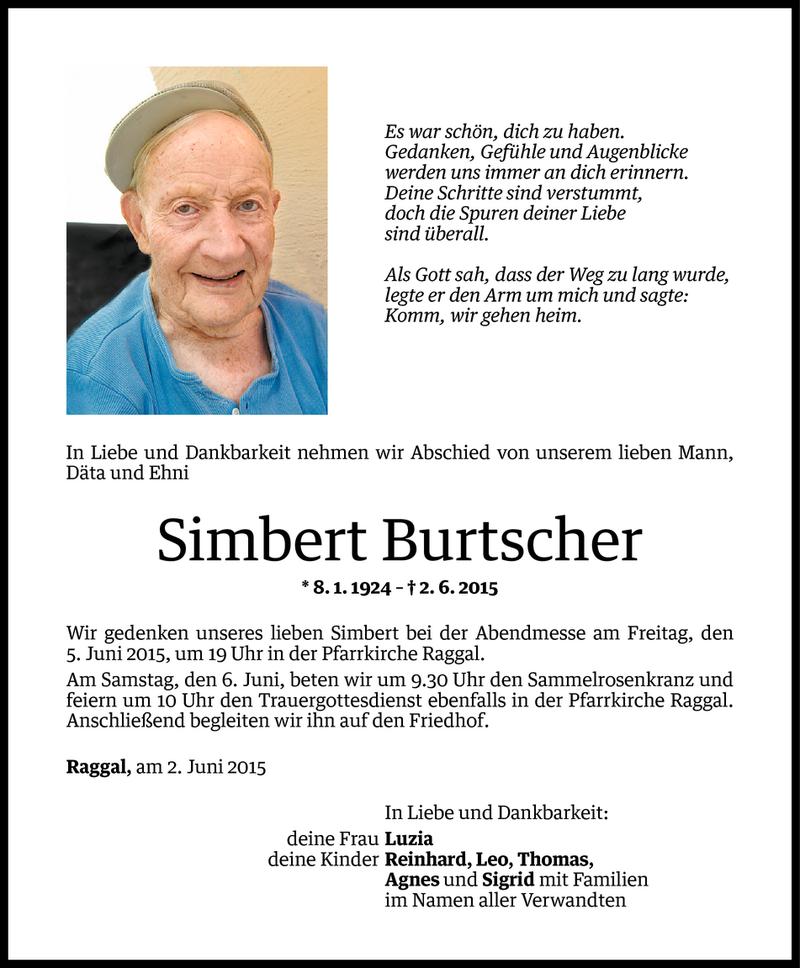  Todesanzeige für Simbert Burtscher vom 02.06.2015 aus Vorarlberger Nachrichten