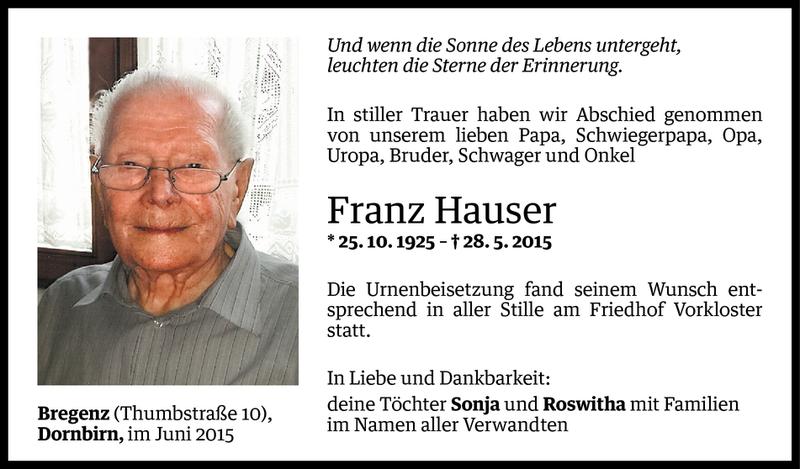  Todesanzeige für Franz Hauser vom 06.06.2015 aus Vorarlberger Nachrichten