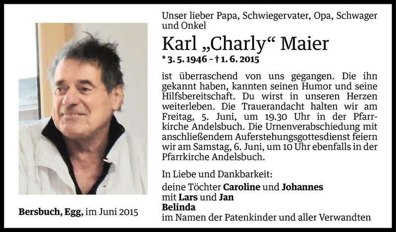  Todesanzeige für Karl Maier vom 03.06.2015 aus Vorarlberger Nachrichten