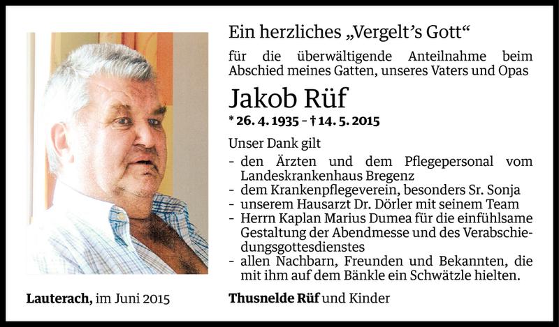  Todesanzeige für Jakob Rüf vom 05.06.2015 aus Vorarlberger Nachrichten