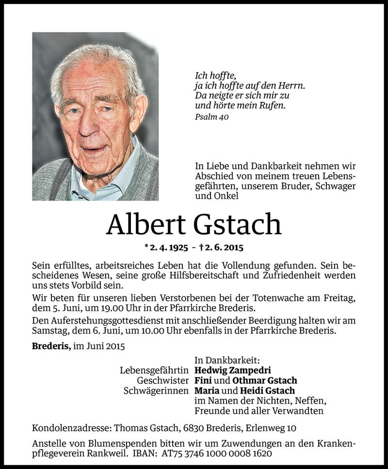  Todesanzeige für Albert Gstach vom 04.06.2015 aus Vorarlberger Nachrichten