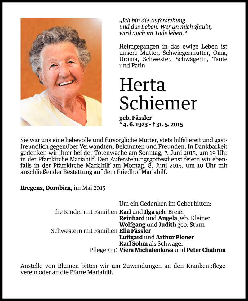  Todesanzeige für Herta Schiemer vom 05.06.2015 aus Vorarlberger Nachrichten