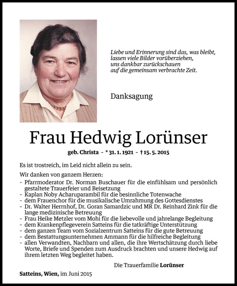  Todesanzeige für Hedwig Lorünser vom 06.06.2015 aus Vorarlberger Nachrichten
