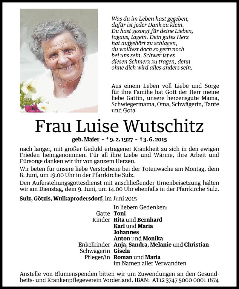  Todesanzeige für Luise Wutschitz vom 06.06.2015 aus Vorarlberger Nachrichten