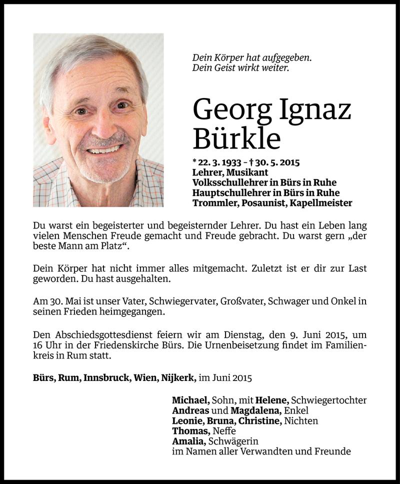  Todesanzeige für Georg Ignaz Bürkle vom 06.06.2015 aus Vorarlberger Nachrichten