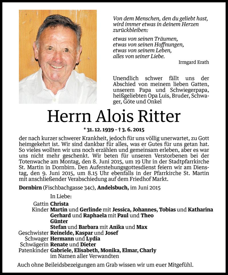  Todesanzeige für Alois Ritter vom 05.06.2015 aus Vorarlberger Nachrichten