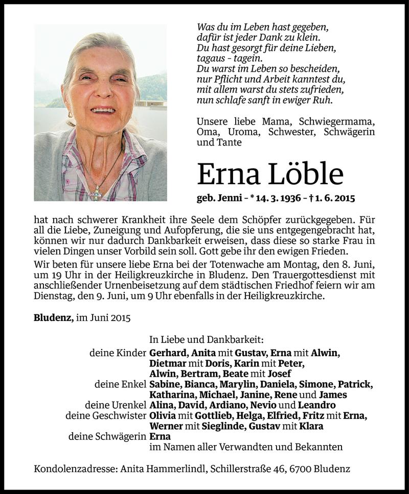  Todesanzeige für Erna Löble vom 06.06.2015 aus Vorarlberger Nachrichten