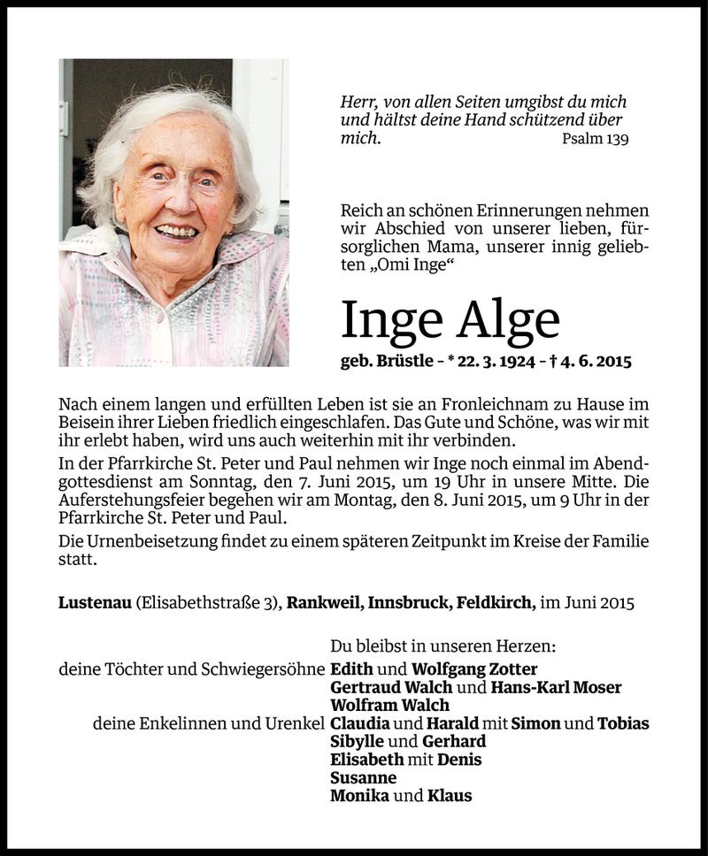  Todesanzeige für Inge Alge vom 05.06.2015 aus Vorarlberger Nachrichten