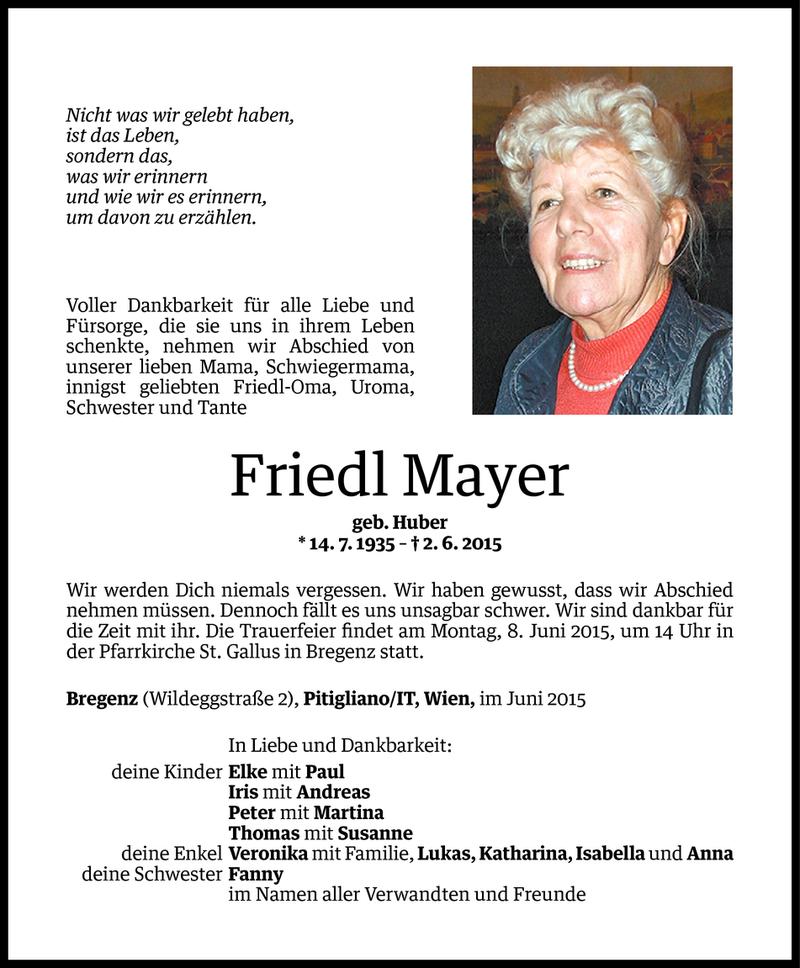  Todesanzeige für Friedl Mayer vom 05.06.2015 aus Vorarlberger Nachrichten