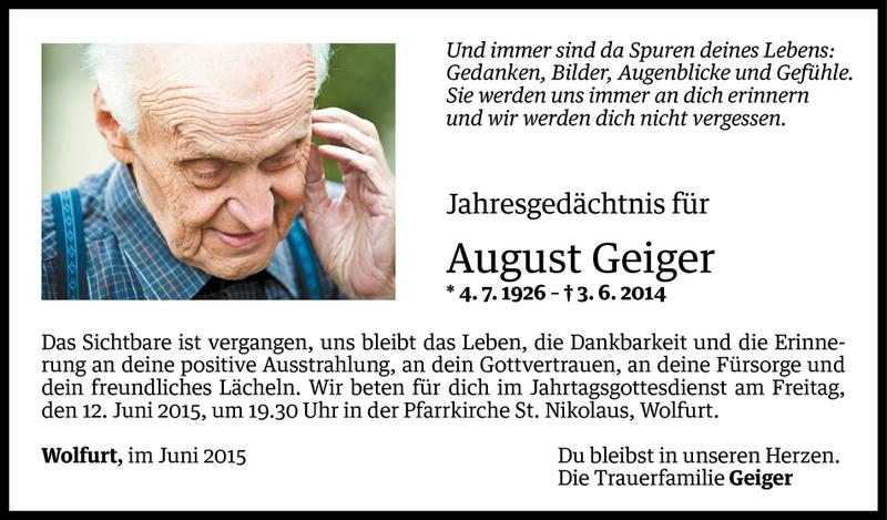  Todesanzeige für August Geiger vom 09.06.2015 aus Vorarlberger Nachrichten