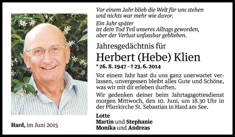  Todesanzeige für Herbert Klien vom 08.06.2015 aus Vorarlberger Nachrichten