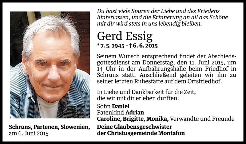  Todesanzeige für Gerd Essig vom 08.06.2015 aus Vorarlberger Nachrichten