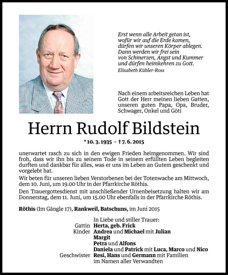  Todesanzeige für Rudolf Bildstein vom 09.06.2015 aus Vorarlberger Nachrichten