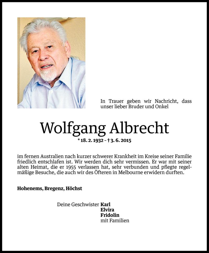  Todesanzeige für Wolfgang Albrecht vom 08.06.2015 aus Vorarlberger Nachrichten