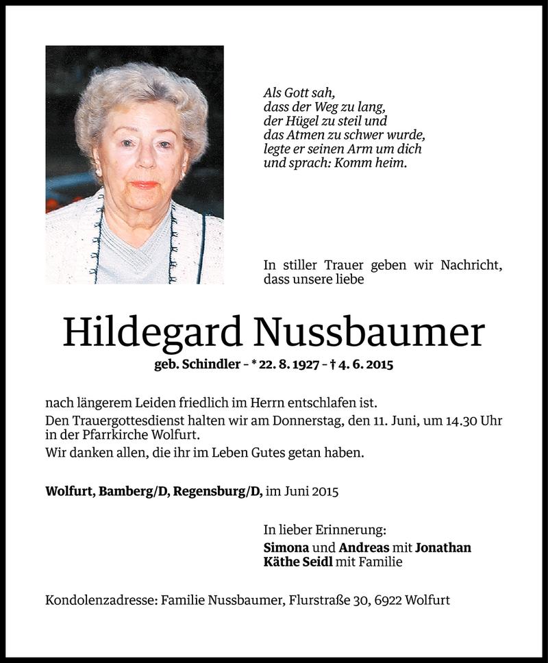  Todesanzeige für Hildegard Nussbaumer vom 08.06.2015 aus Vorarlberger Nachrichten