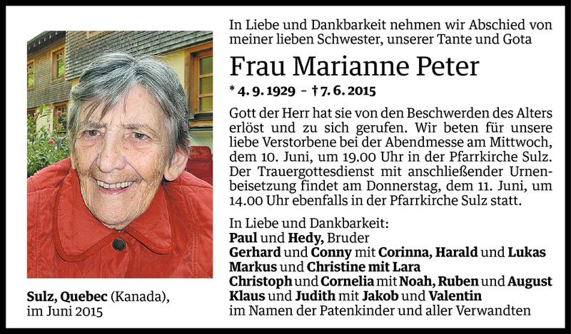  Todesanzeige für Marianne Peter vom 09.06.2015 aus Vorarlberger Nachrichten