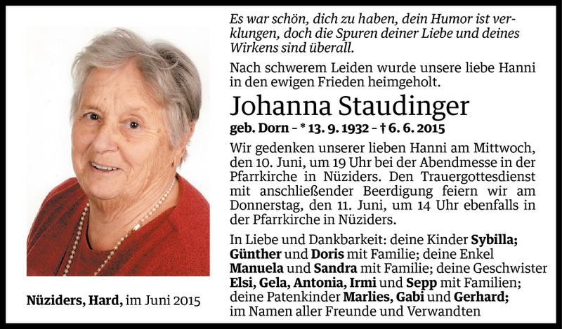  Todesanzeige für Johanna Staudinger vom 09.06.2015 aus Vorarlberger Nachrichten