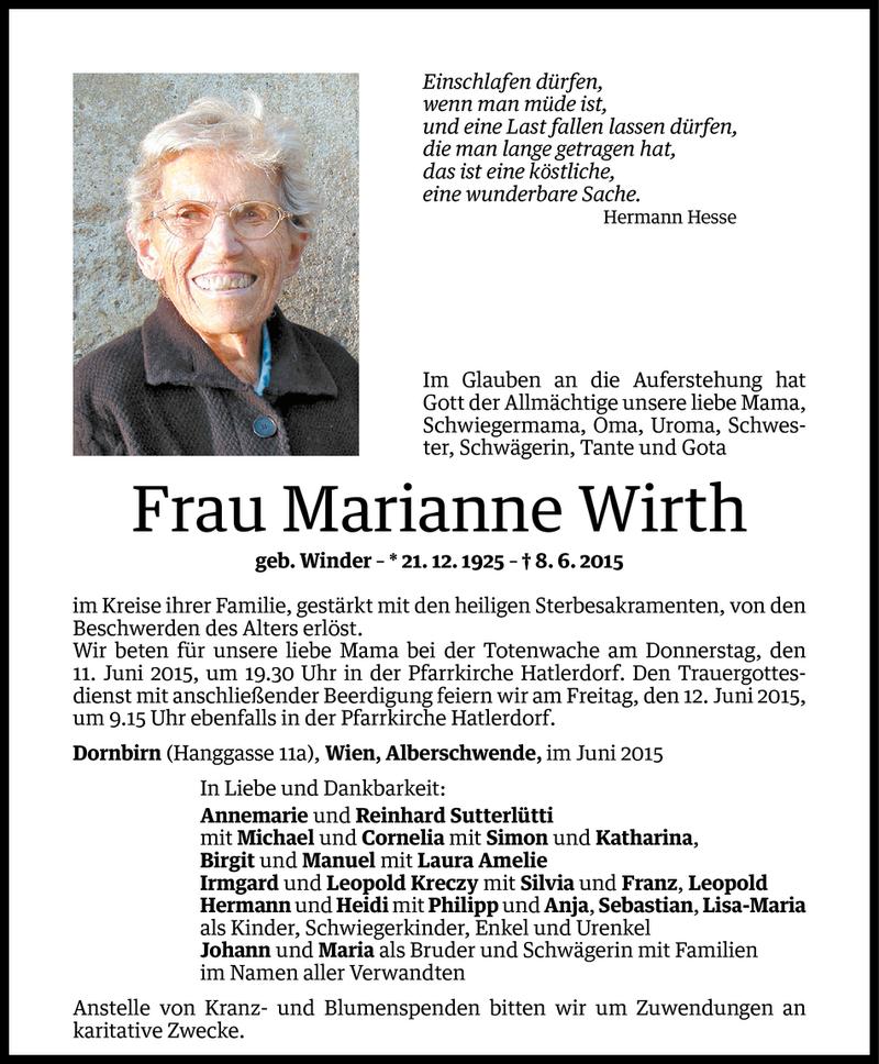  Todesanzeige für Marianne Wirth vom 09.06.2015 aus Vorarlberger Nachrichten