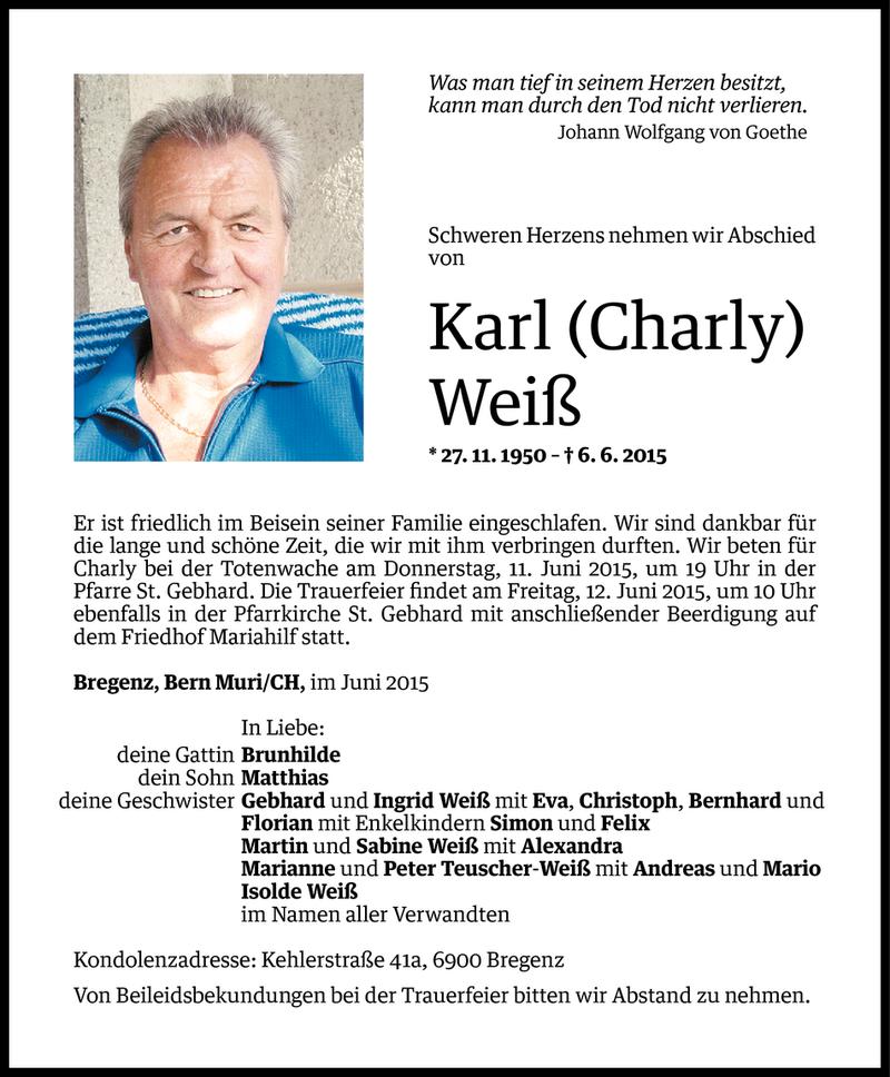  Todesanzeige für Karl Weiß vom 09.06.2015 aus Vorarlberger Nachrichten