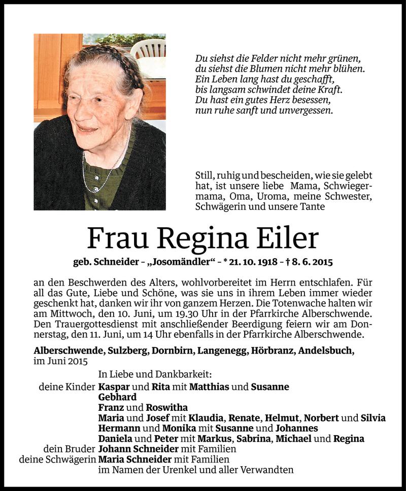  Todesanzeige für Regina Eiler vom 09.06.2015 aus Vorarlberger Nachrichten