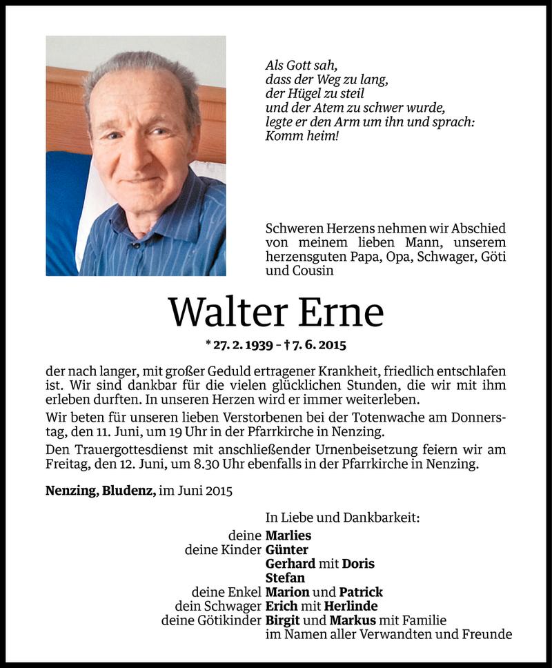  Todesanzeige für Walter Erne vom 10.06.2015 aus Vorarlberger Nachrichten