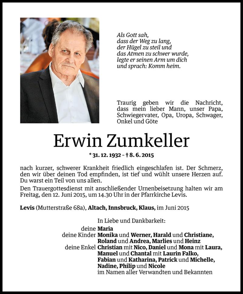  Todesanzeige für Erwin Zumkeller vom 09.06.2015 aus Vorarlberger Nachrichten