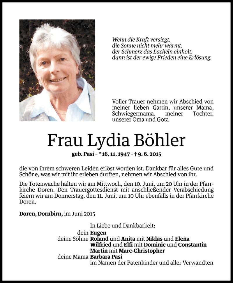  Todesanzeige für Lydia Böhler vom 09.06.2015 aus Vorarlberger Nachrichten