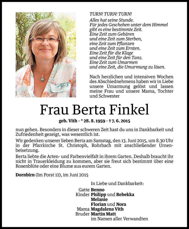  Todesanzeige für Berta Finkel vom 10.06.2015 aus Vorarlberger Nachrichten