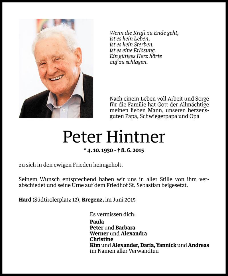  Todesanzeige für Peter Hintner vom 10.06.2015 aus Vorarlberger Nachrichten