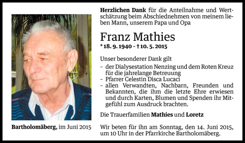  Todesanzeige für Franz Mathies vom 11.06.2015 aus Vorarlberger Nachrichten