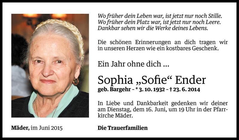  Todesanzeige für Sophia Ender vom 12.06.2015 aus Vorarlberger Nachrichten