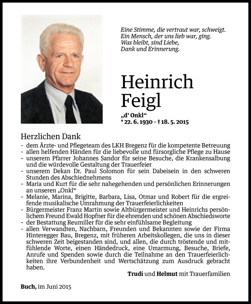  Todesanzeige für Heinrich Feigl vom 11.06.2015 aus Vorarlberger Nachrichten