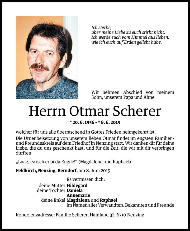  Todesanzeige für Otmar Scherer vom 12.06.2015 aus Vorarlberger Nachrichten